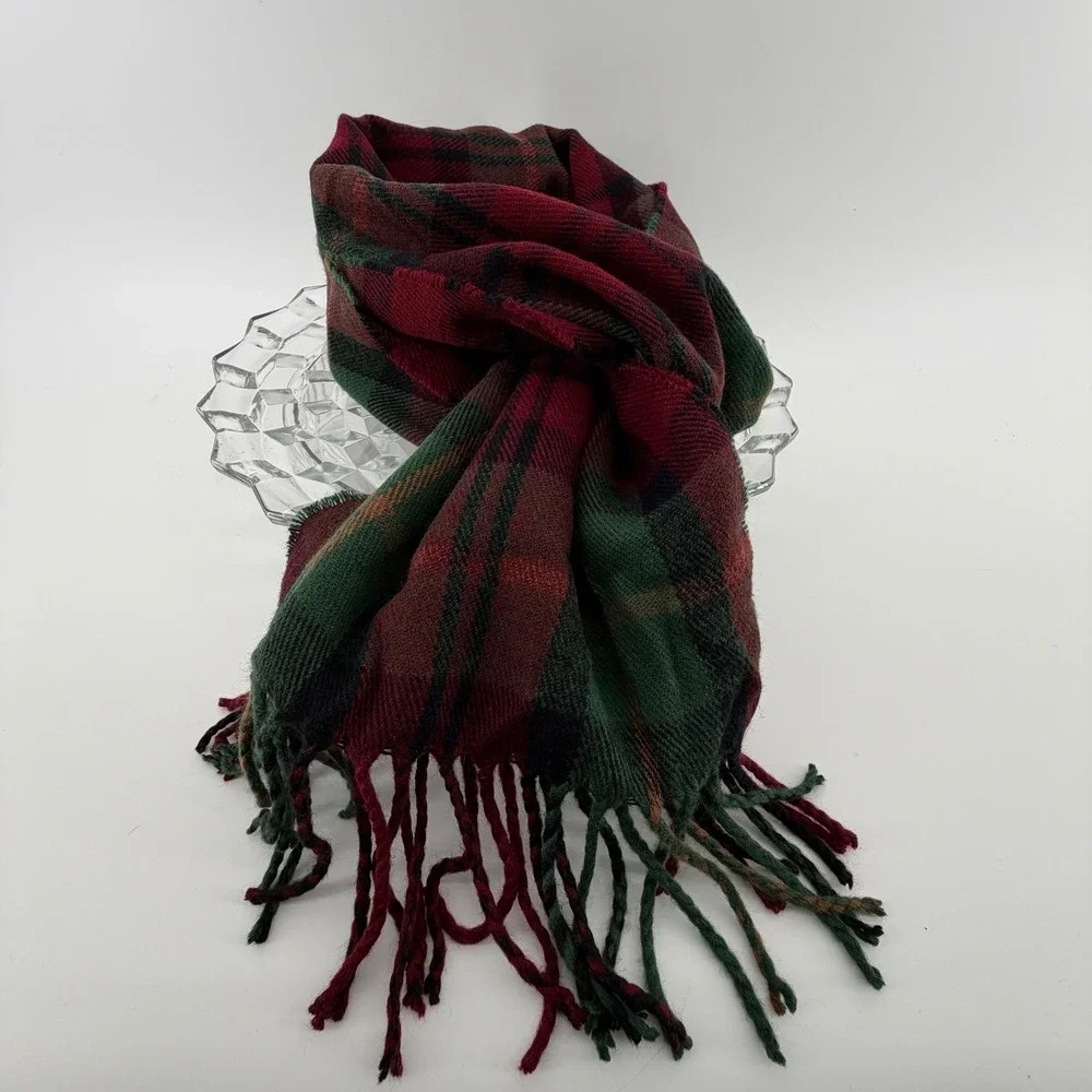 Eddie Bauer Plaid Scarf Acrylic Red Green Black‎ Fringe One Size NWOT